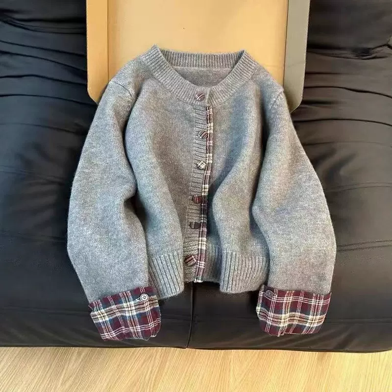 大朗毛衣工厂假两件韩系拼接格子毛衣女秋冬宽松休闲针织开衫上衣