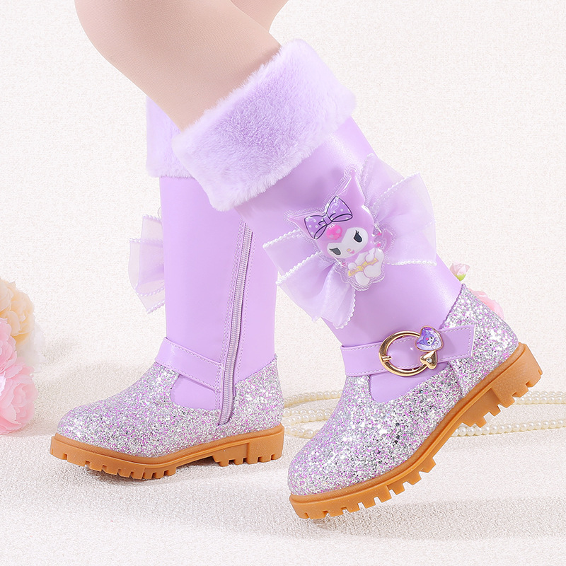 Maergang Girls' Kuromi Princess Long Boots Winter New Children's Snow Boots Little Girls' Velvet Warm Boots