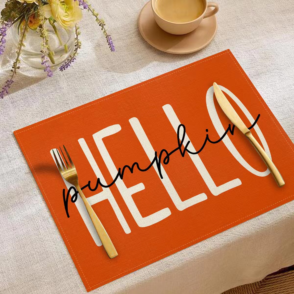 Transfronterizo temu explosión Día de Acción de Gracias otoño calabaza lino estampado conjunto lino estampado mesa de restaurante