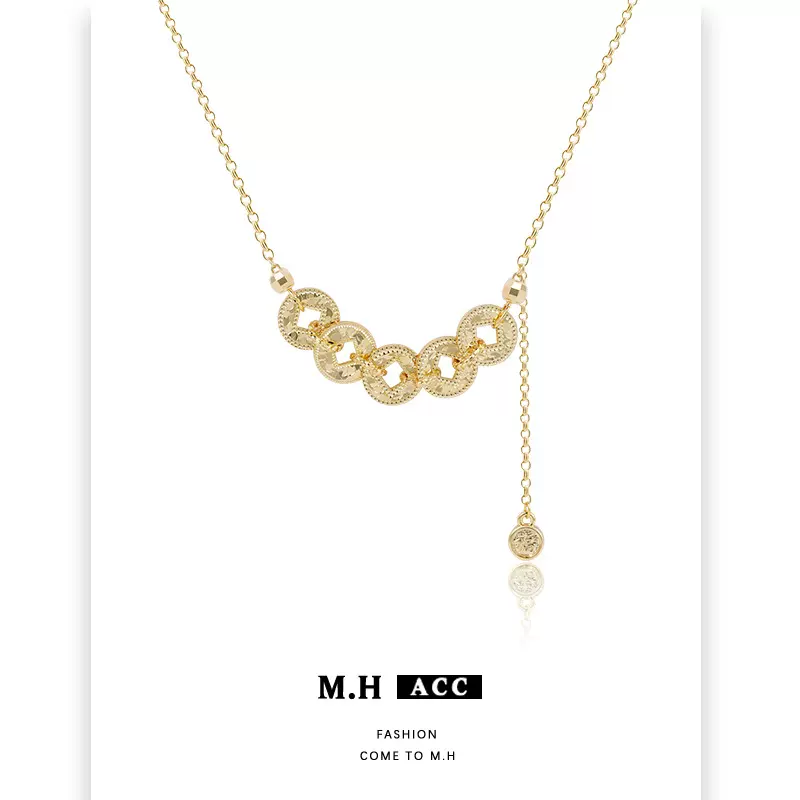 新中式超闪碎冰冰五帝钱币项链配饰女秋冬毛衣链轻奢高级感锁骨链