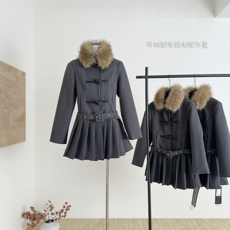 羊毛混纺可拆卸毛领毛呢外套女秋冬加厚百褶下摆呢子大衣