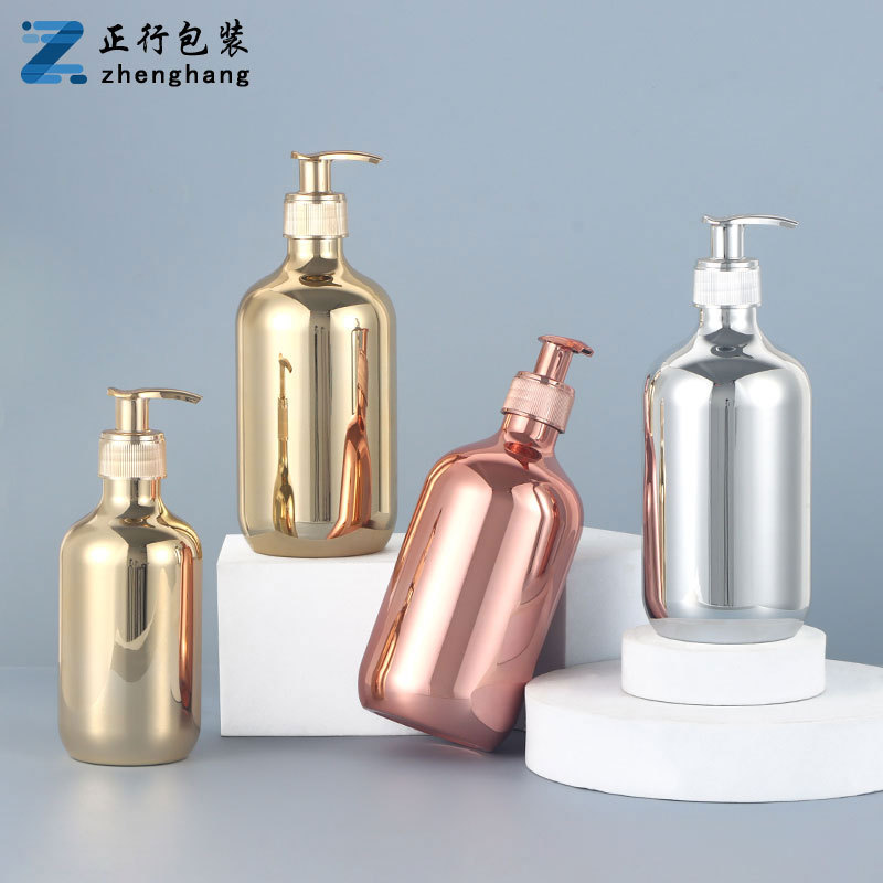 En stock fabricante 28 dientes pet300ml botella de galvanoplastia PP cabeza de la bomba de champú botella de plástico de galvanoplastia de plata dorada