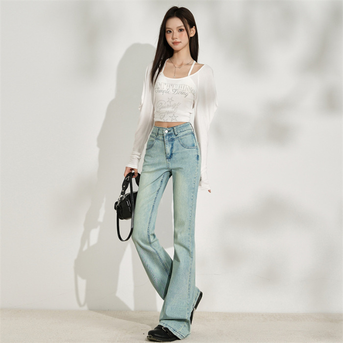 浅蓝色高腰弹力修身牛仔裤女2025新早秋简约百搭显瘦喇叭裤丙纶|undefined