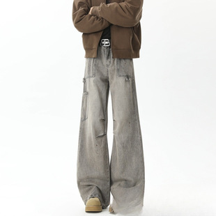 Uncle Cat Tee Retro Distressed Washed Cargo Pants Multi-Pocket High Street Ins Straight Wide-Leg Jeans Gray Trendy