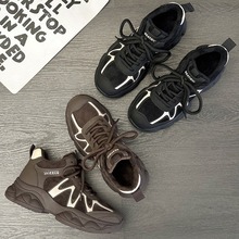 厚底增高休闲鞋女2025秋冬加绒保暖真皮拼色高帮运动老爹鞋ins潮