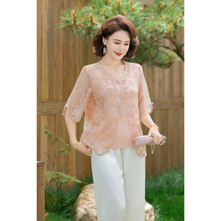 Mom's Shirt Spring and Summer New Fake Two-Piece Chinese Style Loose Breathable Shirt Age-Reducing Pullover Chiffon Shirt
