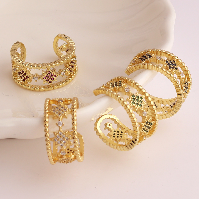 Retro Star Waves Copper Inlay Zircon Rings