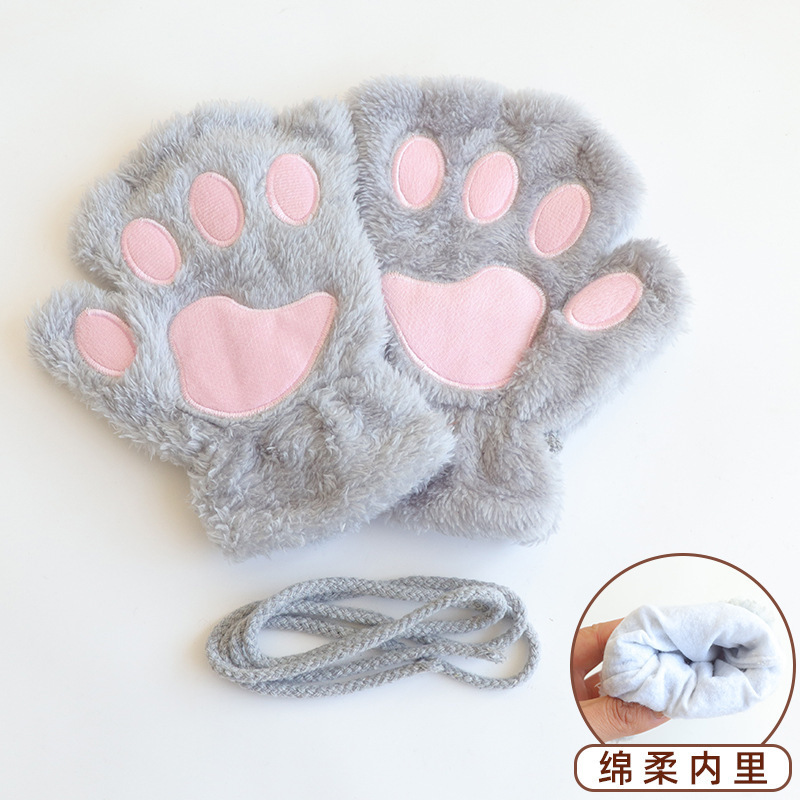 手套女冬天学生秋冬季保暖软妹可爱ins毛绒猫爪韩版半指加厚加绒|undefined