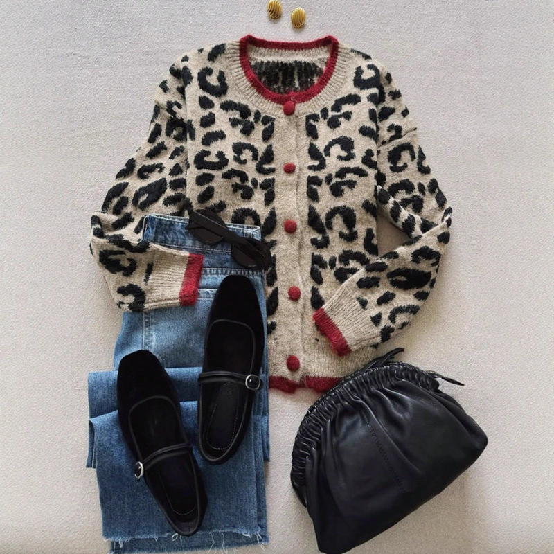 European and American Cross-Border Women's Autumn and Winter Fashionable Casual Comfortable Warm Camel Leopard Print Patchwork Long-Sleeve Round Neck Knit Cardigan