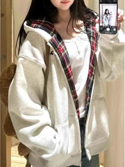 美式复古格子连帽卫衣女春秋oversize薄款外套宽松慵懒风开衫上衣