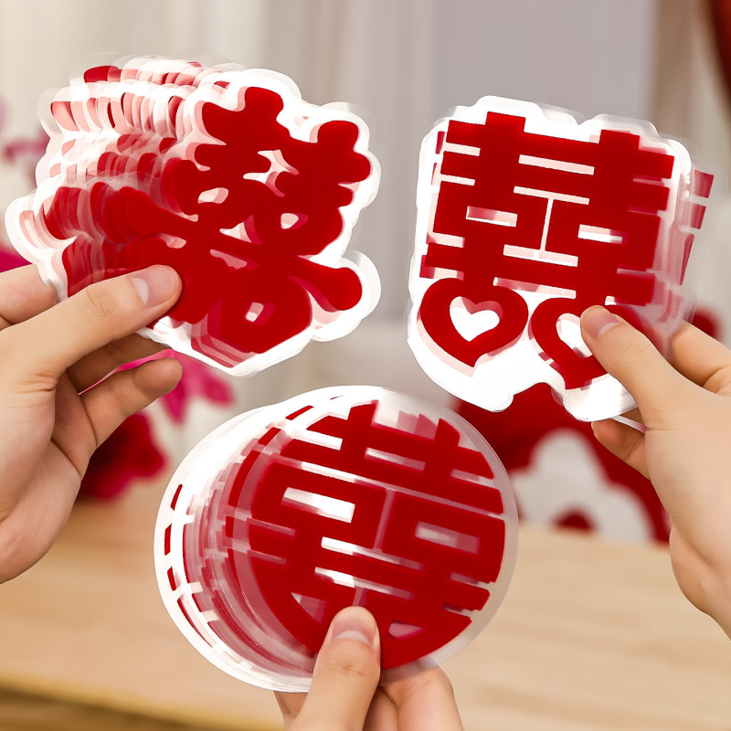 結婚式用の植毛ハッピーワード、ガラス窓用の特別な静電ステッカー、結婚式の部屋のレイアウト、ハッピーワードステッカー用品|undefined
