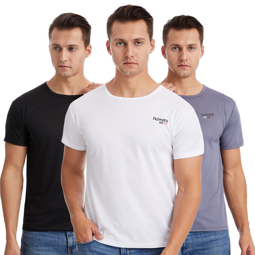Men's Summer Thin Ice Silk Quick-Dry Short-Sleeve T-Shirt Loose Fitness Clothes Training Top Running Breathable