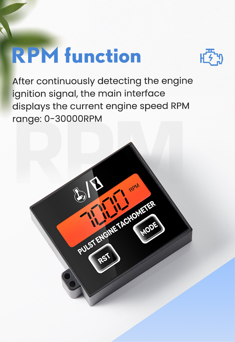 Inductive digital display tachometer for 2-stroke and 4-stroke engines, lawn mower oil accumulation timer tachometer