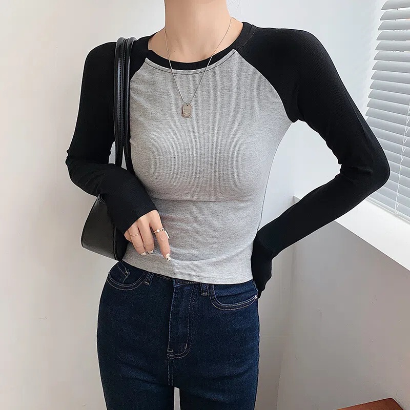 Women's Base Layer Shirt for Spring 2026, New Style with Contrasting Color Design, Niche Short Top, Ribbed Long-Sleeve T-Shirt
