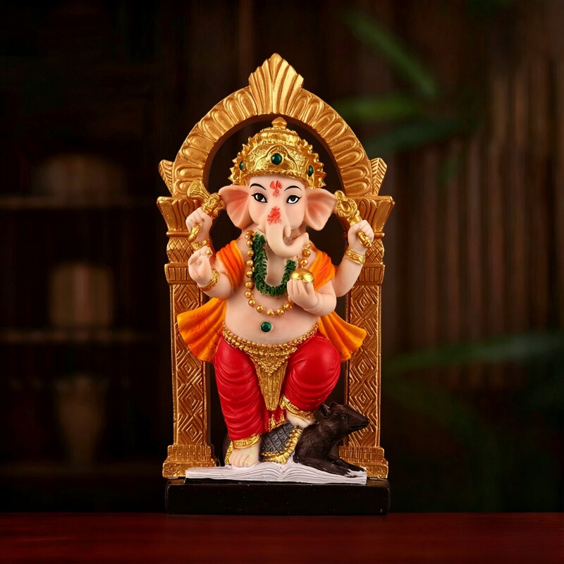 Indian Ganesha Resin Painted Figurine Office Home Decoration Elephant Nose God of Wealth Red and Gold Version