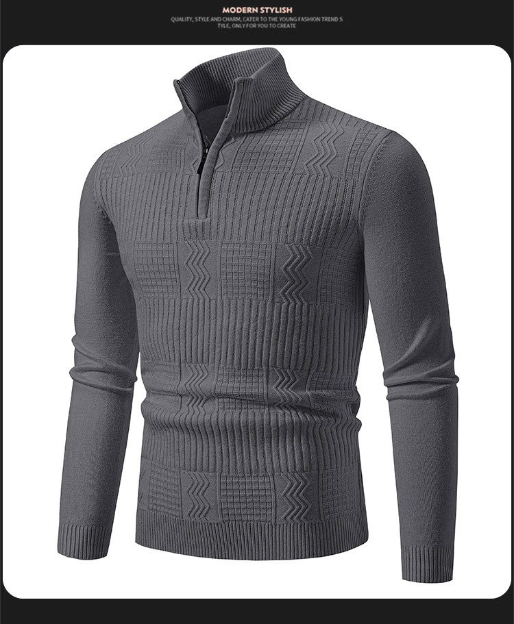 Maglione lavorato a maglia da uomo, maglione lavorato a maglia con zip e collo semi-dolce da uomo, pullover a maniche lunghe, casual, vestibilità slim, strato di base termico_voghion.com
