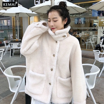 KEMAI柯麦2019冬季新款羊剪绒大衣中长款宽松气质羊羔绒皮|ms