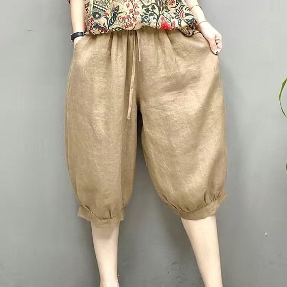 Spring and Summer plus size Loose Elegant Casual Western Style Age-reducing Linen Lace-up Loose Waist Pants Solid Color Bloomers