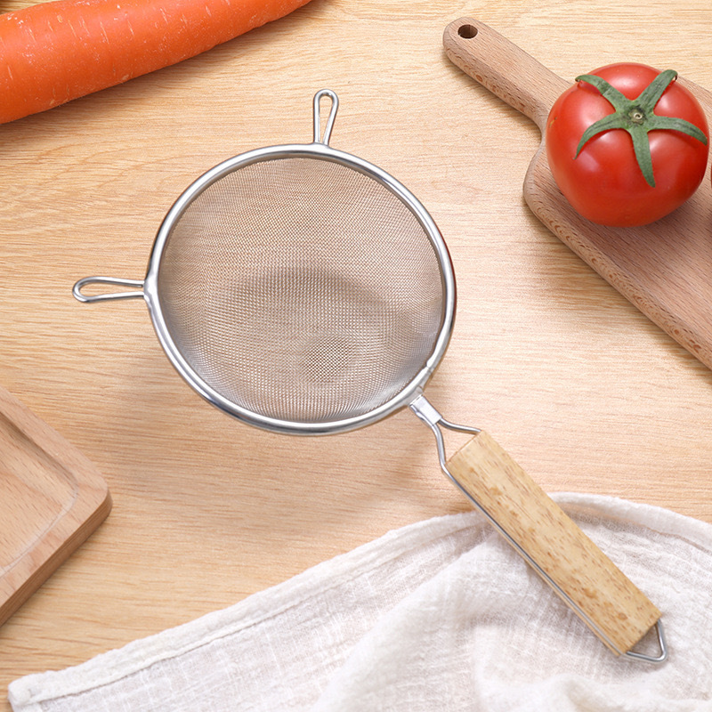 Cuchara de acero inoxidable cuchara de barrera de aceite mango de madera cuchara de pesca de frita de doble oreja cocina de mano utensilios de cocina para hornear tamiz de malla de fugas de harina