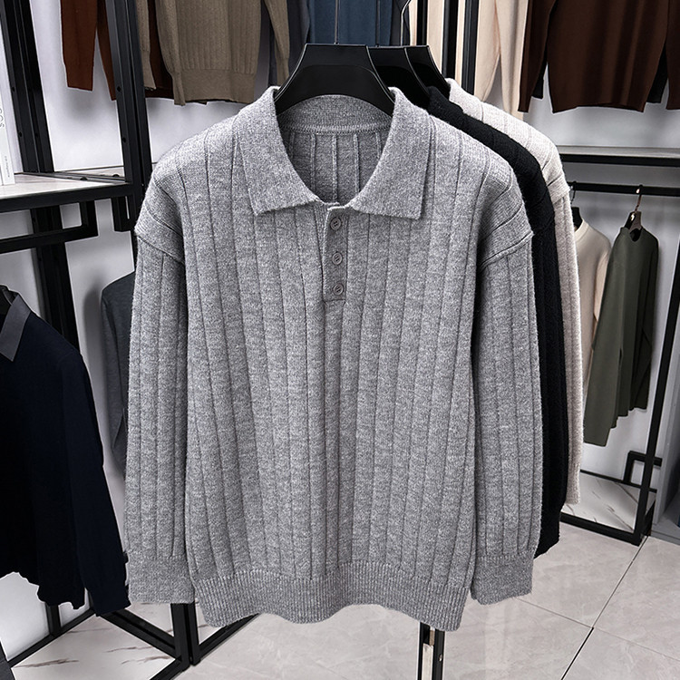 Cross-border nuevo hombre vertical rayas de otoño color sólido diseño suéter hombre moda casual versátil camisa de punto