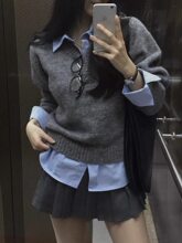 早秋假两件领学院风减龄毛衣女装韩系宽松针织衫法式别致上衣