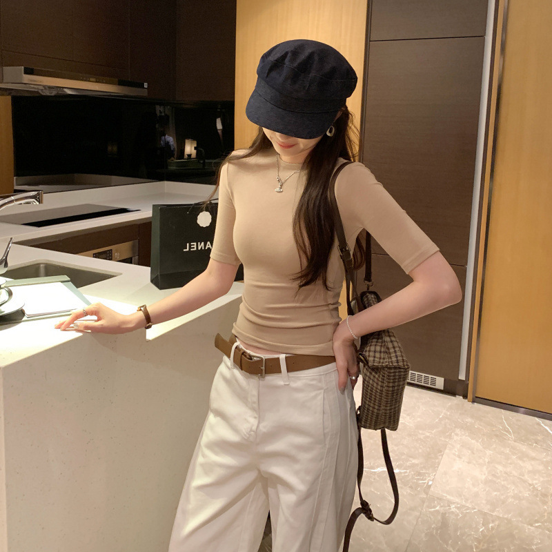 European-Style Unique Pink Round-Neck Regular-Shoulder T-Shirt for Women, Summer 2026 New Slim-Fit Mid-Sleeve Top