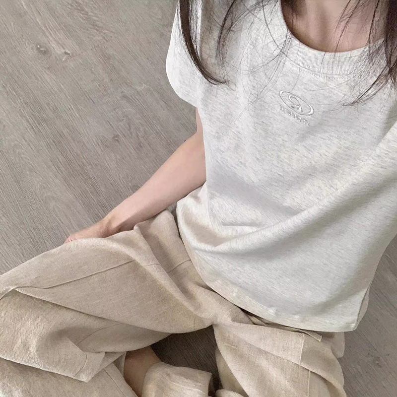 Fanxi Clothing アメリカングレー ラウンドネック 刺繍 半袖 Tシャツ レディース 2025年夏新作 ゆったり カジュアル ショルダートップ|undefined