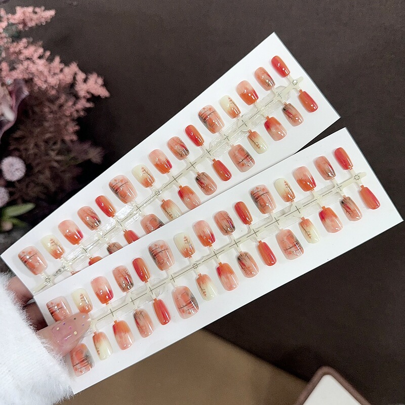 S450-Pre-Made Full-Length Ancient-Style Tie-Dye Wearable Nails, Exquisite and Elegant, Oil Painting Style, Warm Tones, Detachable Nail Pieces