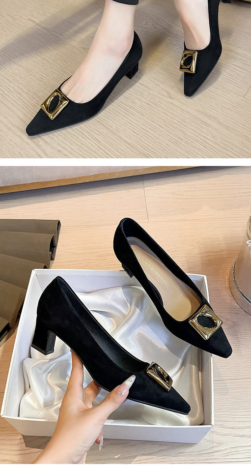 Giày cao gót nữ mũi vuông gót thô khóa kim loại, chất liệu len cashmere cao cấp, gót 3–6 cm — Màu nâu, màu đen chi tiết 10