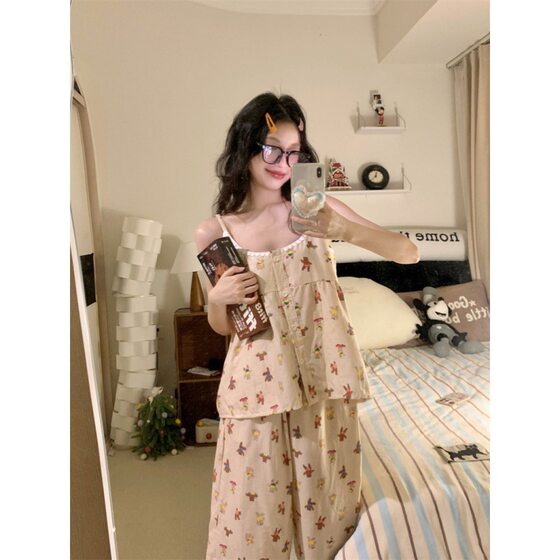 South Korea Ins Women's Summer New Korean-style Sports Bear Lace Sling Ankle-length Pants Home Clothes Pajamas suit