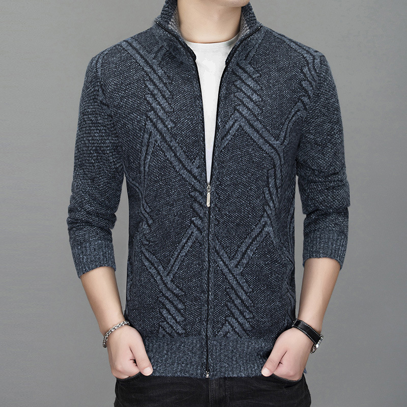 Chaqueta de invierno transfronteriza suéter de los hombres de manga larga collar de pie forrado de lana gruesa de los hombres suéter jacquard chaqueta de los hombres