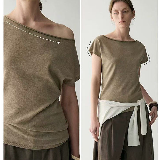 Tencel Linen Summer New Small Flying Sleeve Knitted Pullover Pure Color Simple Stylish One-Line Collar Slimming Look Top for Women