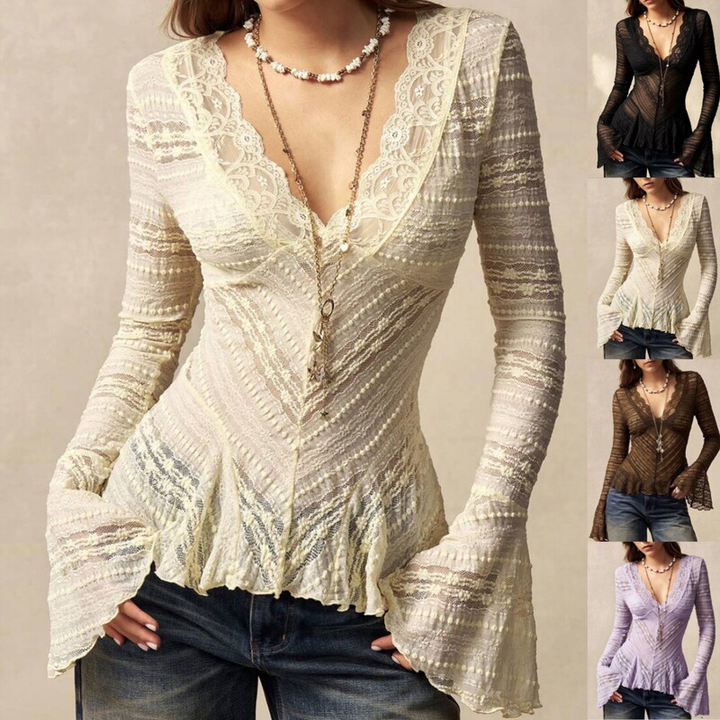 European and American Women's Clothing Amazon 2026 Autumn Hot Girl Sexy V-Neck Hollow Bell Sleeve Slim Lace Blouse for Women European and American Women's Clothing Amazon 2026 Autumn Hot Girl Sexy V-Neck Hollow Bell Sleeve Slim Lace Blouse for Women