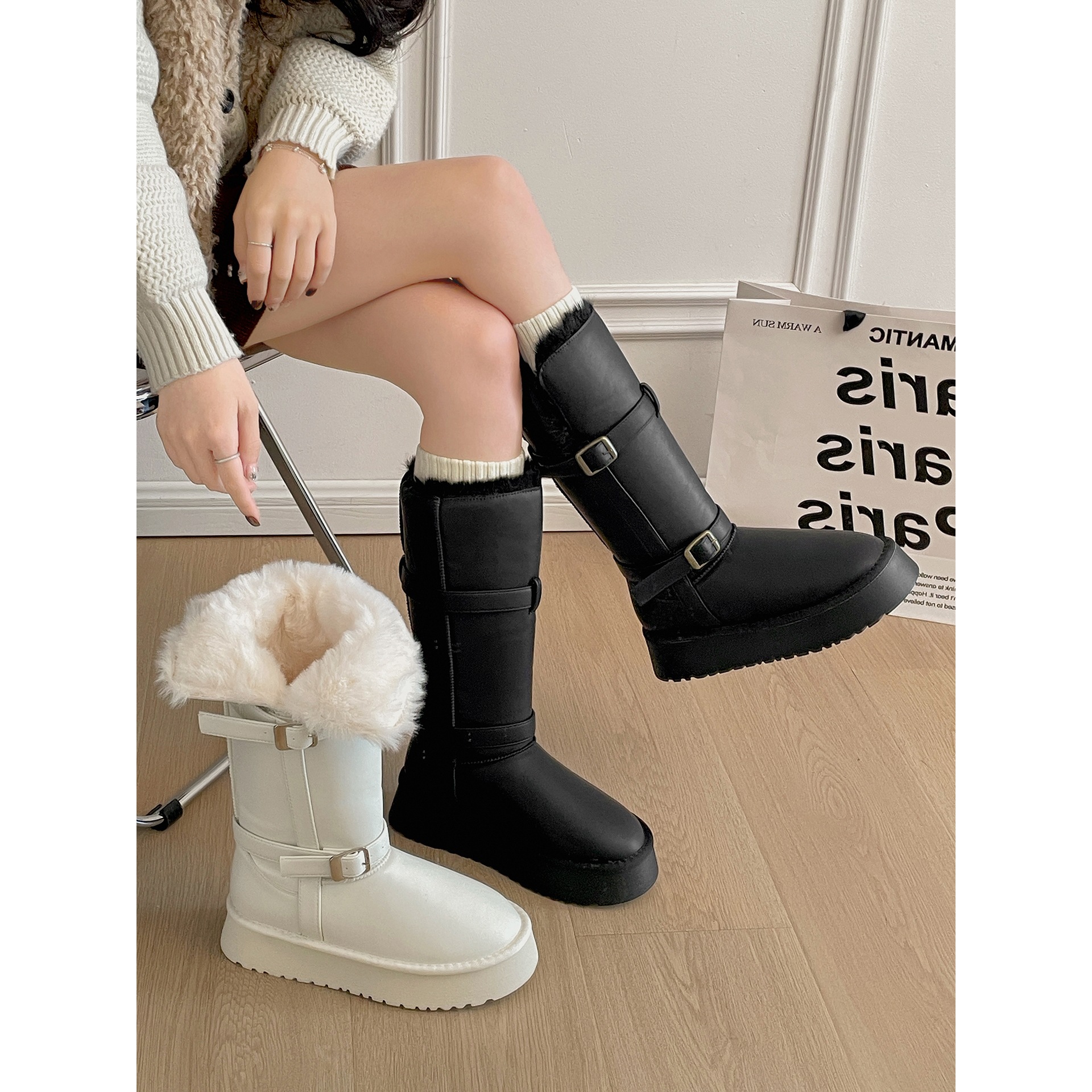 White velvet thickened non-slip long thick-soled snow boots for…