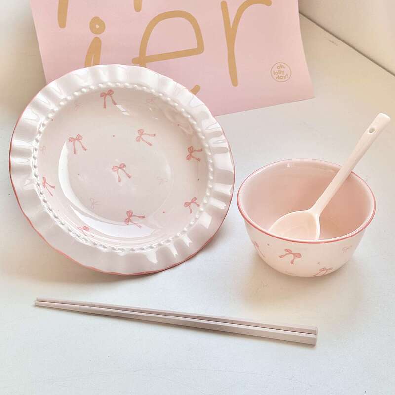 粉色ins风蝴蝶结陶瓷餐具套装面碗家用饭碗盘子釉下彩好看少女心|undefined