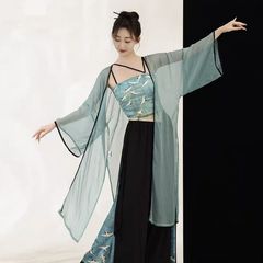 新しいスタイルの古典的なダンスの青蛇中国式のふわふわしたガーゼの服のプリントのズボンのスカートの中国風の現代的なダンスの演出の練習服