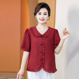 2025 New Summer Mother's Clothing Fashionable Doll Collar Short-Sleeved Shirt Foreign Style Shirt Middle-Aged and Elderly Women's Shirt