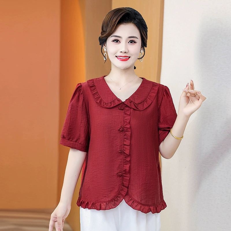 2025 новая летняя одежда для мам, модная рубашка с короткими рукавами и кукольным воротником, рубашка в иностранном стиле, женская рубашка среднего и пожилого возраста
