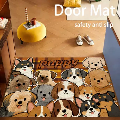 Cartoon Puppy Silk Loop Floor Mat for Entryway, Dust-Removing Mat, Scratch-Resistant and Wear-Resistant Door Mat, Multifunctional Entrance Door Mat
