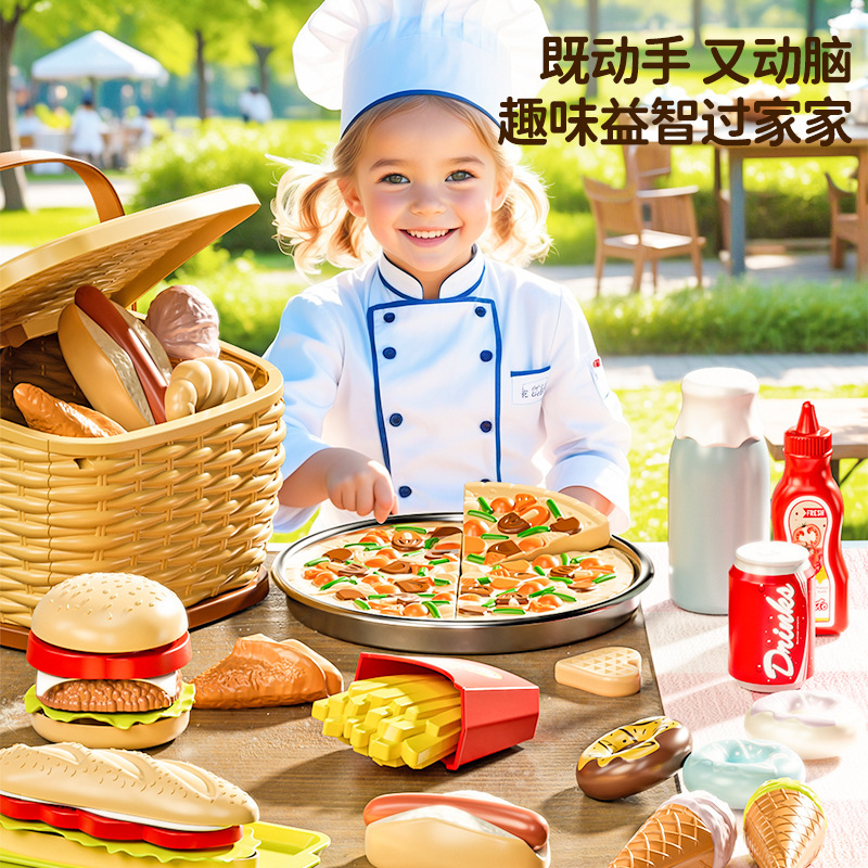 Simulación transfronteriza para niños Juguetes de juego para el hogar Camping para bebés Picnic Fruta Burger Pizza Cesta de mano Juego de almacenamiento