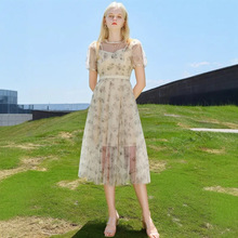 一手货源【佳人苑】品牌专柜撤柜！亮片花边碎花网纱连衣裙女25夏