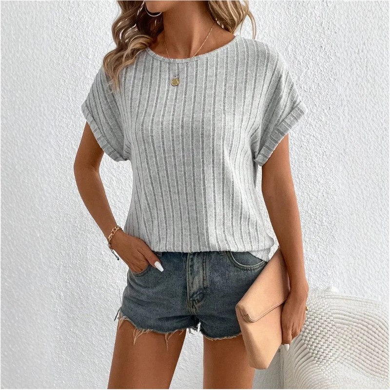 2026 European and American New Style Round Neck Ribbed Short-Sleeve T-Shirt for Women, Summer Loose Fit, Slimming, Versatile Casual Knit Top 2026 European and American New Style Round Neck Ribbed Short-Sleeve T-Shirt for Women, Summer Loose Fit, Slimming, Versatile Casual Knit Top