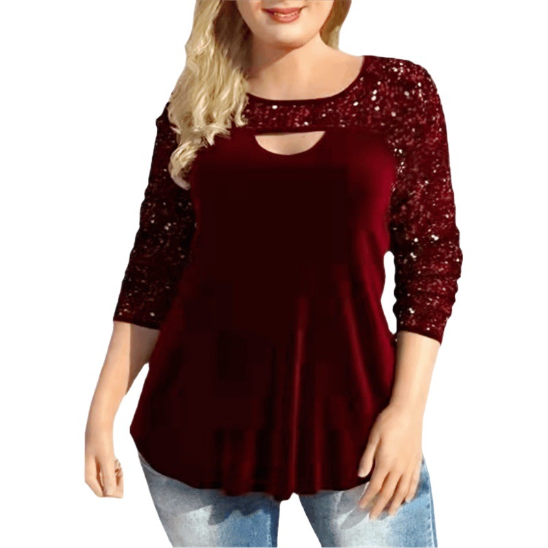 Europeo y americano Amazon digital cuello redondo hueco-fuera manga larga ocho tamaño camiseta adelgazamiento lentejuelas costura punto superior ropa de mujer