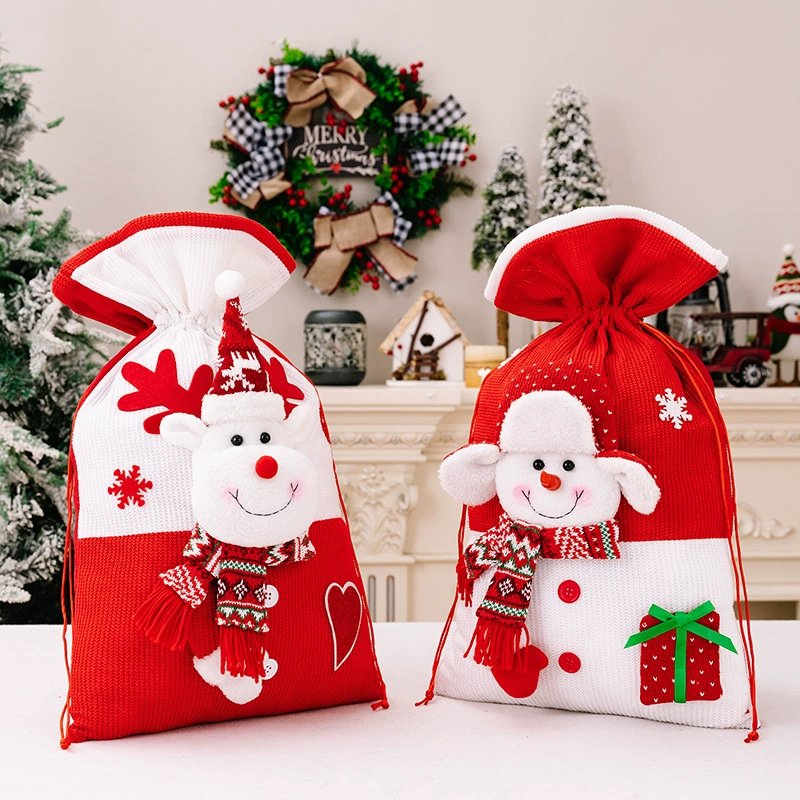 knitted Christmas gift bags — подарочные новогодние сумки с аппликацией Санта-Клауса/снеговика/оленя, с завязками, многоразовые