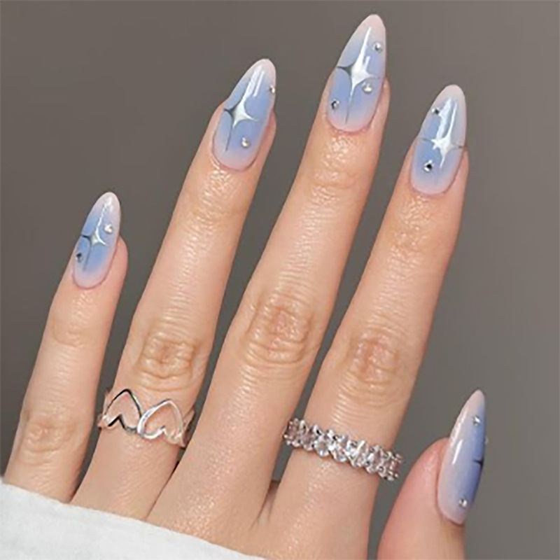 Blue blooming almond nail nail nail piece star wear nail nail sticker nail piece cross-border nail piece fake nail