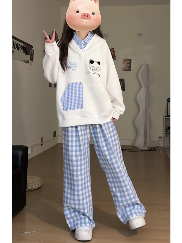 新しいアメリカンカレッジスタイルの子犬刺繍フェイクツーピース長袖フード付きスウェットシャツ秋冬多用途ルーズカジュアルトップ|undefined
