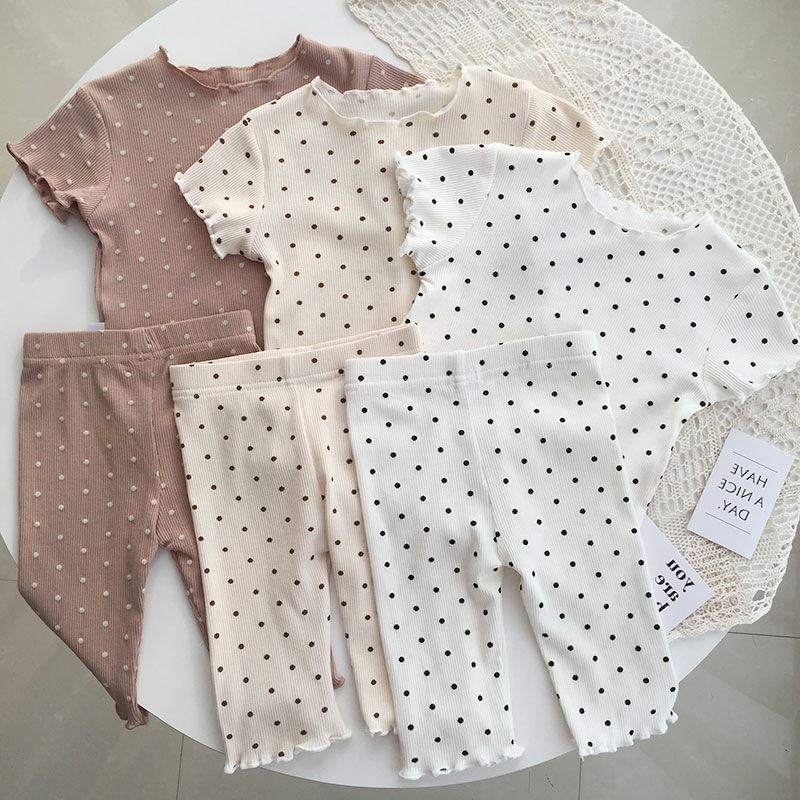 Summer Girls' Loungewear Set, Trendy Children's Fashion Brand, Korean Style Polka Dot Ruffle Pajamas, Cute