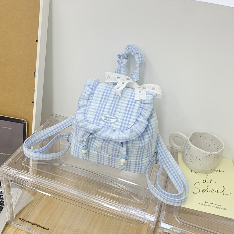 韩系粉色蕾丝格子双肩包女2025新款甜美荷叶边背包学院风通勤书包|undefined