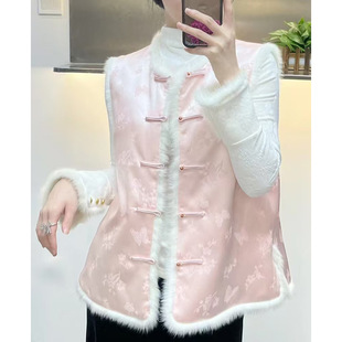 Autumn and Winter New Silk Guanle Crepe Jacquard Mink Wool Cotton Vest New Chinese Warm All-match Festive New Year Coat