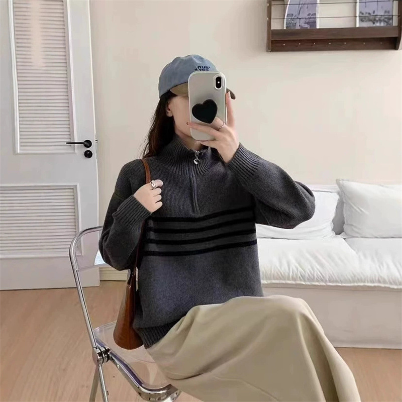半拉链条纹女士毛衣2025早秋新款翻领长袖针织衫时尚百搭跨境女装|undefined